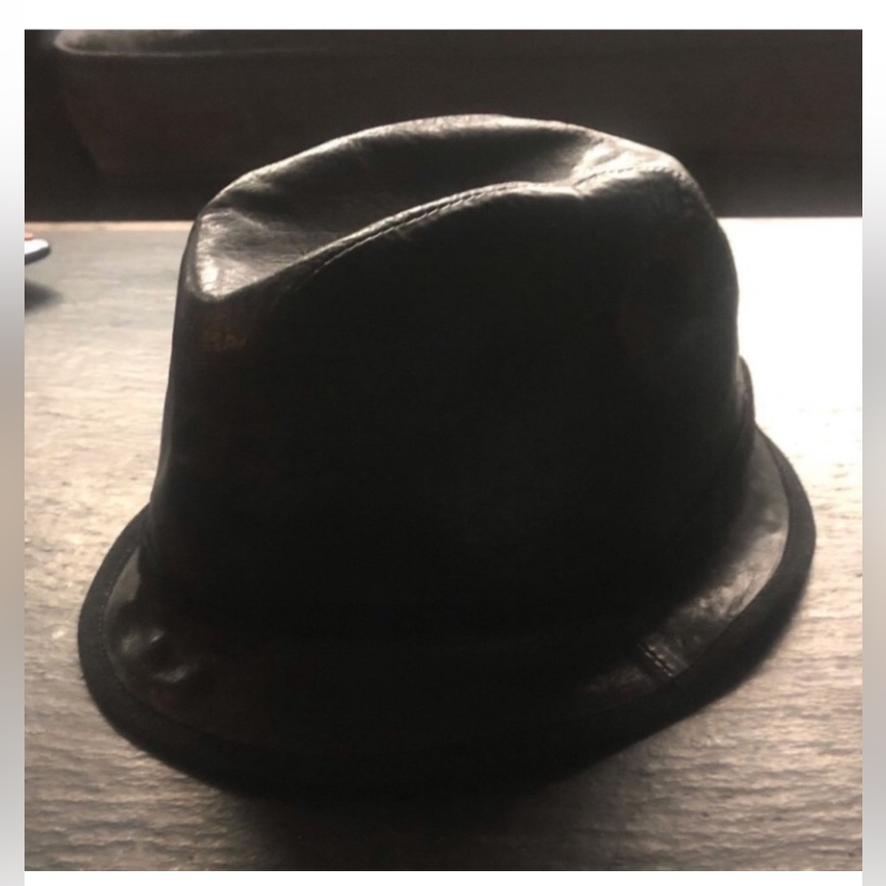 REINHARD PLANK] Black Leather Double fabric Beanie Bucket Hat.